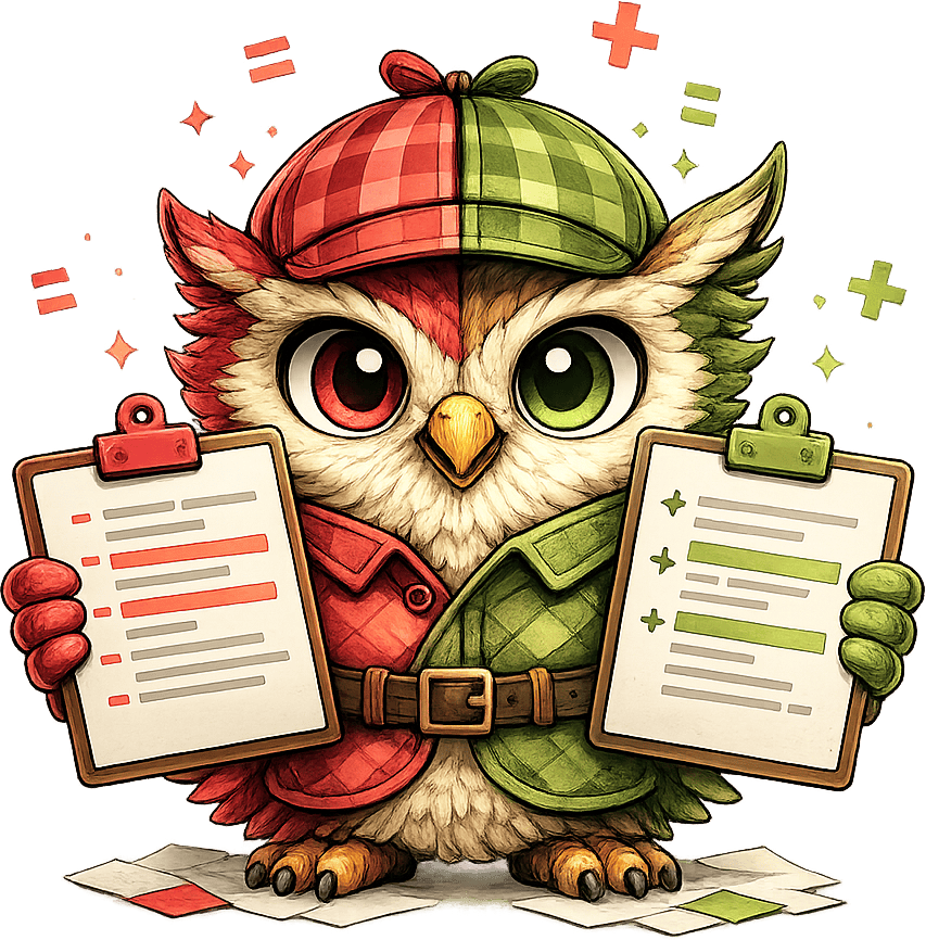 diff-checker.org mascot, a detective owl holding two clipboards comparing text